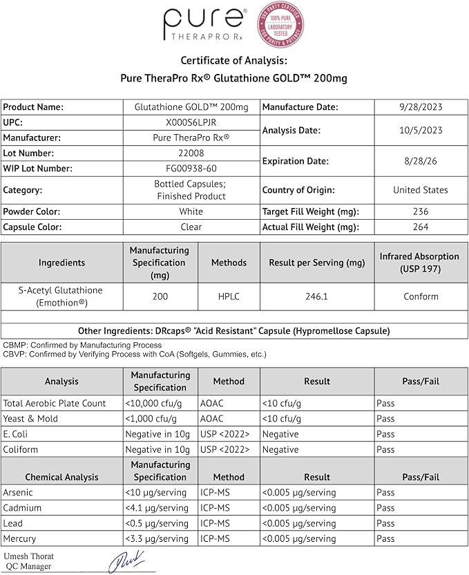 Pure Therapro Rx S-Acetyl Glutathione Gold 200mg | 2 Month Supply Acid-Resistant Capsule | Patented Acetylated Form of Glutathione | Zero Fillers Or Flow Agents | Pharmaceutical Grade, Non-GMO