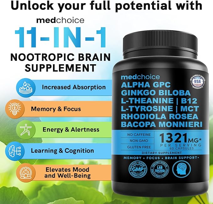 12-in-1 Nootropic Ginkgo Biloba for Brain Support, Memory and Focus - B12, Alpha GPC, L Theanine and Choline Supplements with Bioperine Non Caffeinated 1321mg (60ct)