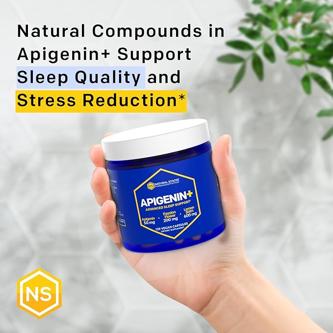 NATURAL STACKS Apigenin Supplement for Sleep - 50mg Apigenin & 600mg Lemon Balm - Melatonin Free Sleep Aid - with Passion Flower Extract for Stress Relief - 120 Lemon Balm Capsules