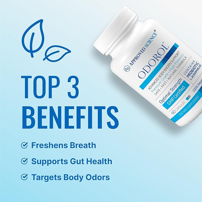 Approved Science Odorol - 60 Capsules - Freshen Bad Breath and Body Odor - Contains L.acidophilus, Green Tea, Magnolia Bark, Peppermint Oil, and Fennel - All Natural, Vegan Friendly, Non-GMO