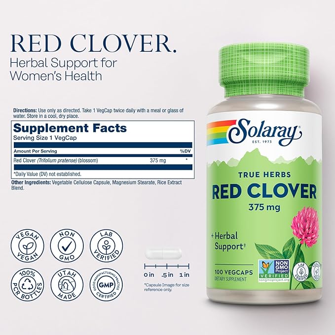 SOLARAY Red Clover 375 mg - Traditional Women's Health Herbal Support - Non-GMO Verified, Vegan, Lab Verified - 60-Day Guarantee - 100 Servings, 100 VegCaps