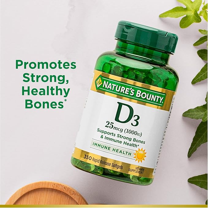 Nature's Bounty Vitamin D3 1000 IU Softgels, Immune Support, Promotes Healthy Bones, 1 Softgel per Day, Gluten Free, 350 Count