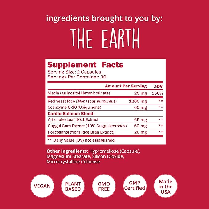 Red Yeast Rice with CoQ10 Supplement 1200 mg - Supports Cholesterol Balance, Heart Health & Circulation - Antioxidant Support with Coenzyme Q10 - Citrinin-Free, Non-GMO, Vegan, 60 Ct