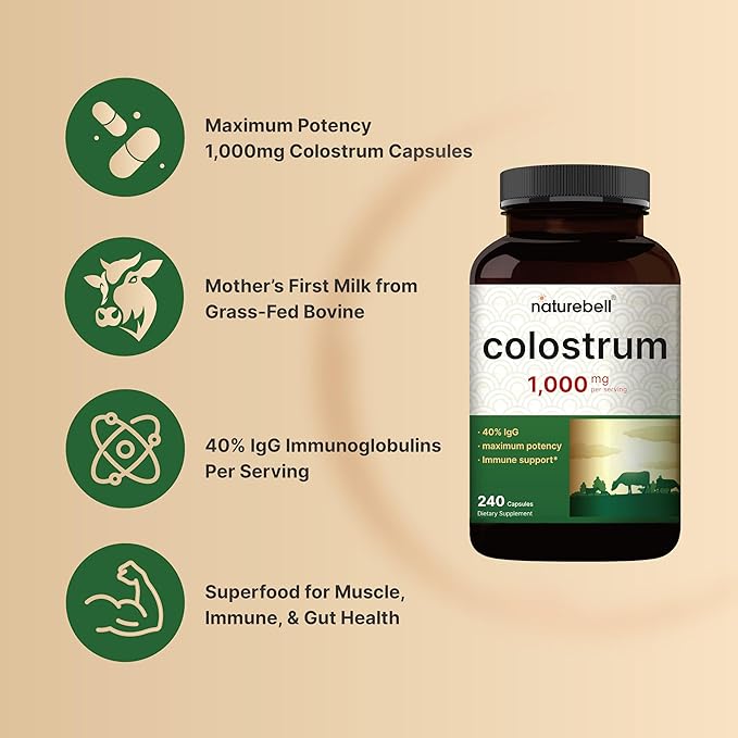 NatureBell Bovine Colostrum Supplement 1,000mg Per Serving, 240 Capsules | 40% IgG Colostrum Powder for Gut Health, Bloating, Skin, Hair & Immune Support – Non-GMO