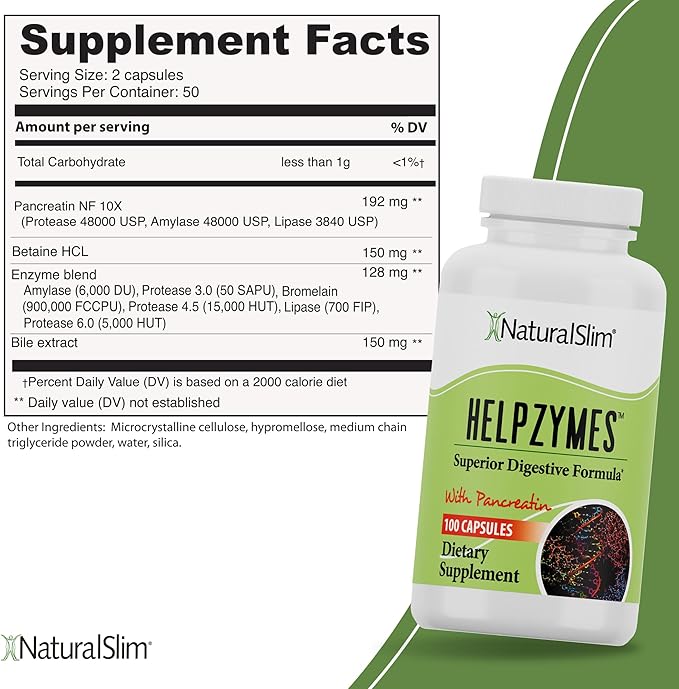 NaturalSlim Helpzymes, Enzyme Complex for Adults with Bromelain, Ox Bile, Pancreatin & Betaine HCL,100 Capsules, 2 Pack