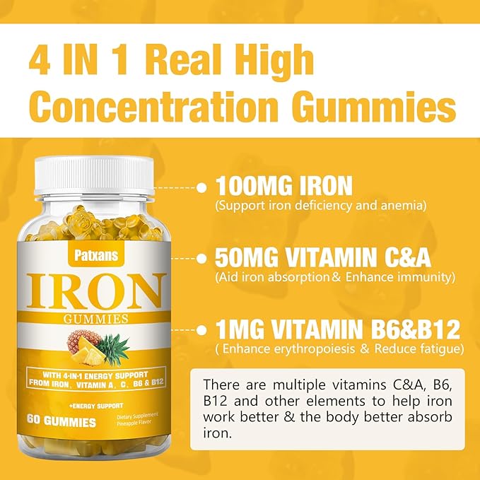 2 Packs 100MG Iron Supplement Gummies for Women & Men - with Vitamin A, C, B - Energy Support for Iron Deficiency, Anemia, Adults & Children, Pineapple Flavor Gummy, 120ct.
