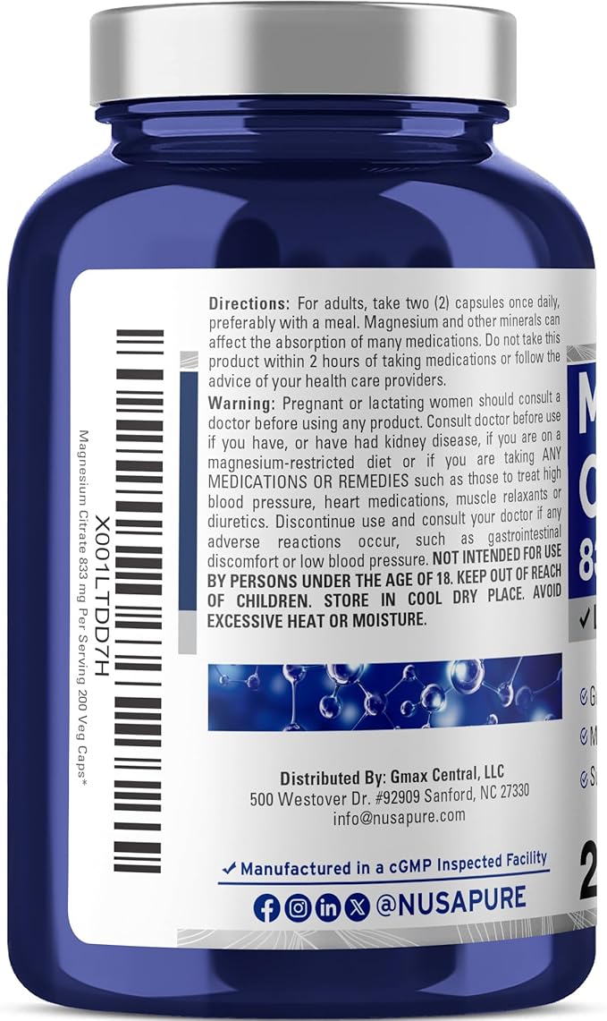 NusaPure Magnesium Citrate 833mg - 200 Veggie Capsules (Vegetarian, Non-GMO, Vegan)