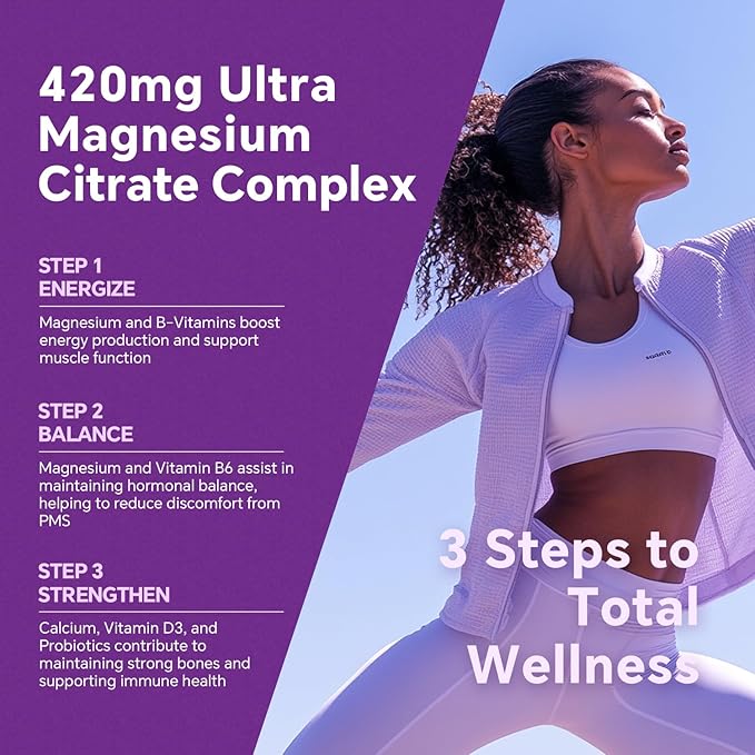Magnesium Citrate Gummies 420mg for Adult - Dual Layer - w/10 Billion CFU - 5 Strains Probiotics & Calcium, D3, Biotin, Iron, B6, B12, Folate, Support for Bone, Nerve, Relaxation, Muscle - Vegan 60Cts