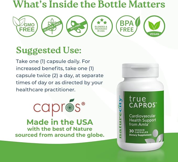 NatureCity True-Capros Amla Fruit Extract Supplement Polyphenol Antioxidant Power Supports Cardiovascular Heart Health (60 Veggie Capsules) Non-GMO Vegan Friendly and Soy Free