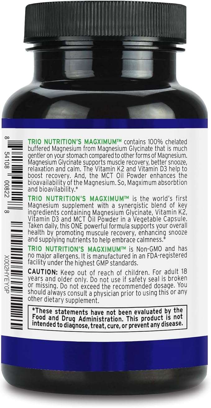 Trio Nutrition MagX Magnesium Glycinate, Vitamin D3, Vitamin K2 & MCT Oil | Chelated Magnesium Supplement | Calm, Relaxation & Recovery | Be Well Rested & Start Your Day with Magximum