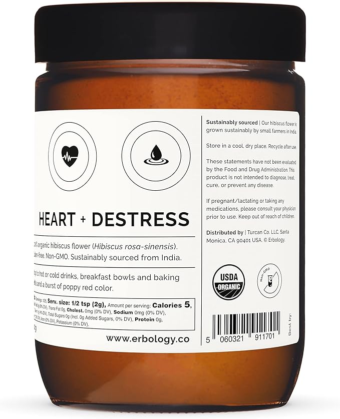 Erbology Organic Hibiscus Powder 3.2 oz - 45 Servings - Destress - Sustainably Sourced Straight from Farm in India - Small Batch - Vegan - GMO-Free