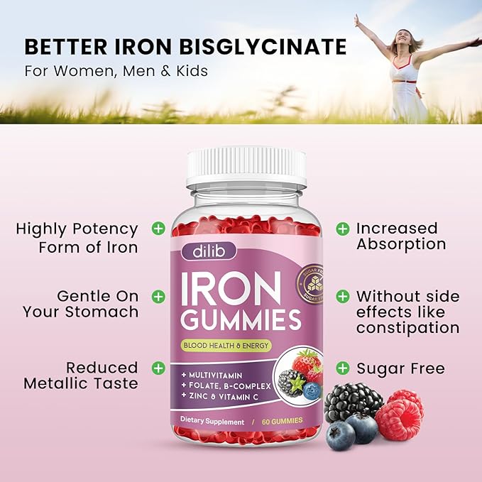 Iron Gummies with Multivitamin, Iron Supplement for Women & Men, Kids Multivitamin with Iron, Zinc, Vitamin B Complex & C, B12, Folate - Blood Builder, Energy Support, Peach Flavor, Vegan 120 Gummies