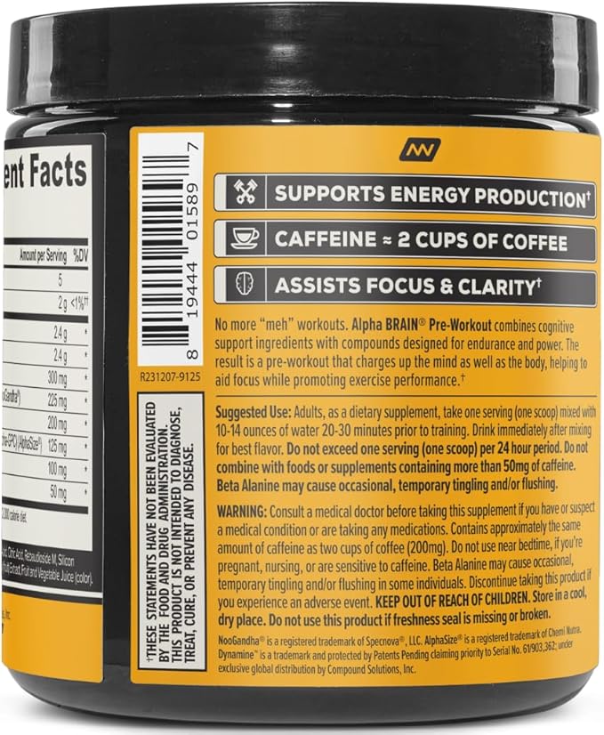 ONNIT Alpha Brain Pre-Workout Powder, Tiger's Blood Flavor, Pre-Workout Supplement for Women and Men, Dietary Supplement, 20 Servings per Tub 6.76 oz
