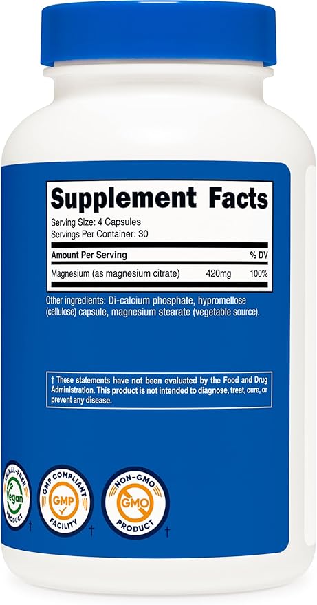 Nutricost Magnesium Citrate 420mg, 120 Veggie Capsules - 30 Servings, Gluten Free, Non-GMO Supplement