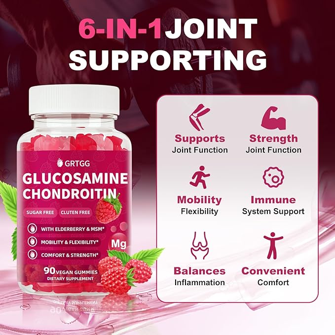 Glucosamine Chondroitin Gummies with MSM & Elderberry Extra Strength 3000MG - Joint Support, Antioxidant Immune Support Supplement for Adults, Men & Women - 90 Raspberry Gummies