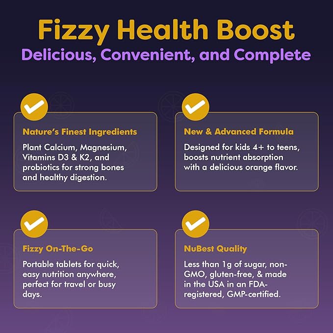 NuBest Tall Fizzy - Bone Strength, Immunity, Digestive Health for Kids Age 4+ & Teens | Probiotic, Calcium, Magnesium from Red Marine Algae, Vitamins | 10 Orange Effervescent Tablets | 2 Weeks Supply