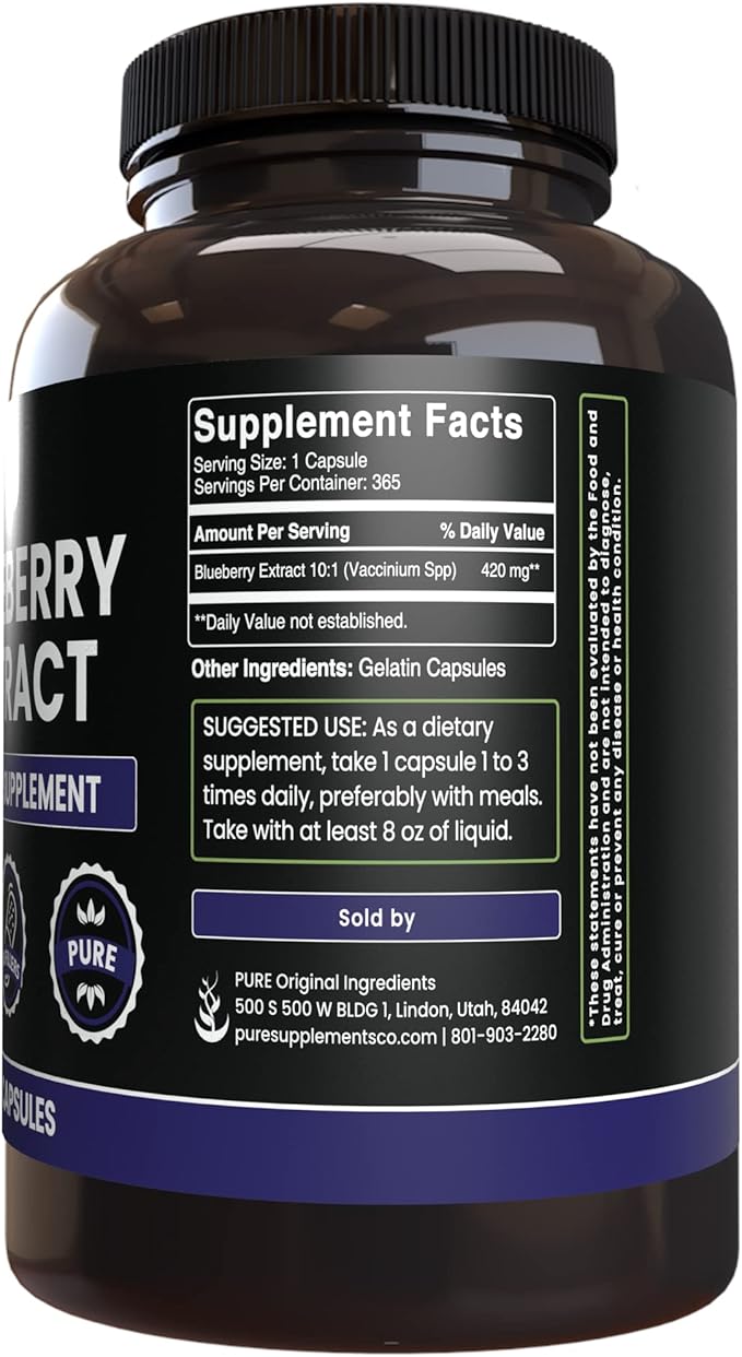 PURE ORIGINAL INGREDIENTS Blueberry Extract (365 Capsule), No Magnesium Or Rice Fillers, Always Pure, Lab Verified