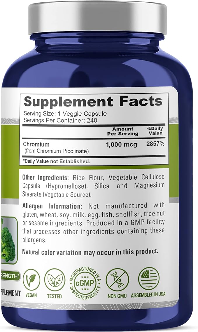 NusaPure Chromium Picolinate 1000mcg 240 Veggie Capsules (Non-GMO, Vegan)