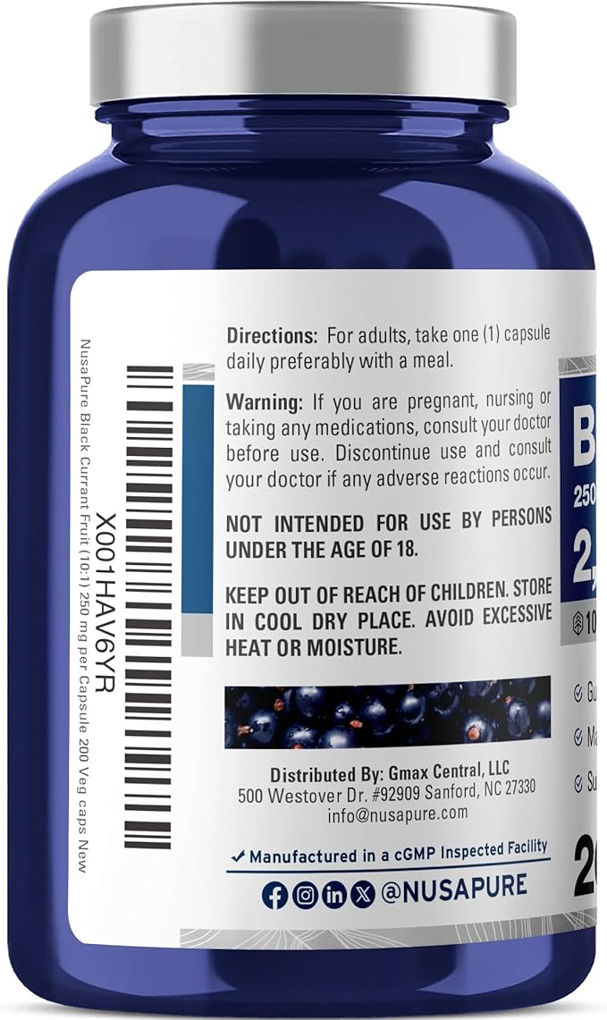 NusaPure Black Currant 10:1 Extract, 250 mg Equivalent to 2,500mg, per Veg Caps 200 Vegan, Non-GMO