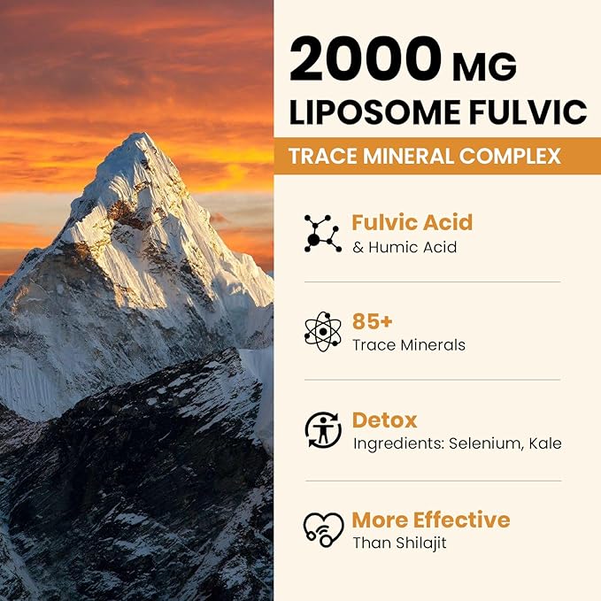 2000 MG Liposomal Fulvic Acid + Humic Acid + Trace Minerals Complex - More Potent Than Shilajit, Electrolytes Liquid Supplement with Organic Kale for Energy, Digestion, Immunity & pH Balance, 4 Oz