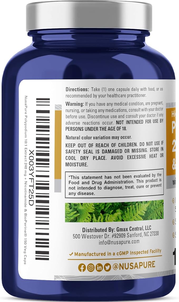 NusaPure Nicotinamide 500mg Polypodium Leucotomos Extract 2400mg per Vegan Caps - 150 Count (Non-GMO, Gluten Free, Bioperine)