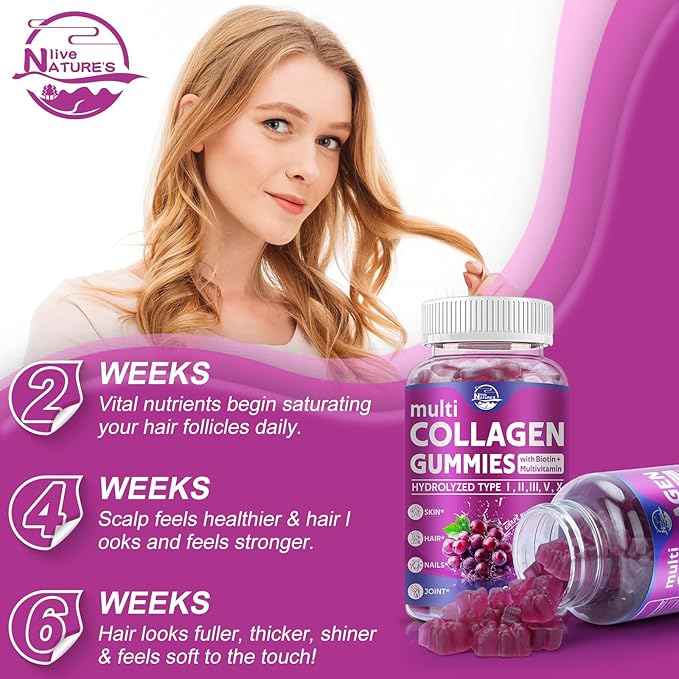 Nature's live Multi Collagen Peptides Gummies, Type I, II, III, V, X - Hydrolyzed Collagen Peptides Gummies, Supports Healthy Skin, Strong Nails & Thick Hair, Grape Blueberry Flavor, 60 Count, 2 Pack