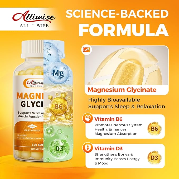 Magnesium Supplement Softgels, Easy Absorption Magnesium Glycinate 400mg with Vitamin B6,D3, High Bioavailability Magnesium for Sleep & Calm Support, Nervous, Muscle & Bone Health