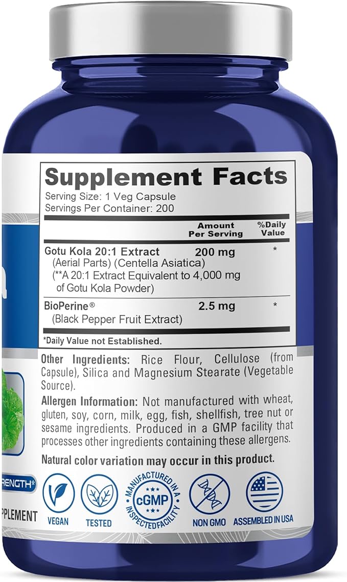 NusaPure Gotu Kola Capsules 20:1 Extract, 200 mg Equivalent to 4000mg Per Veggie Caps, 200 Count, Non-GMO, Vegan, Bioperine - Traditional Herb Extract