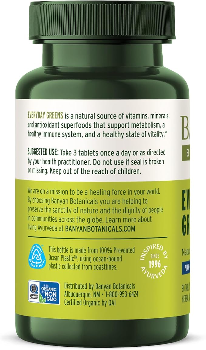 Banyan Botanicals Everyday Greens – Organic Superfood Tablets – Natural Source of Vitamins, Minerals & Antioxidants – Supports Optimal Energy & Health* – 90 Tablets – Non-GMO Sustainably Sourced Vegan