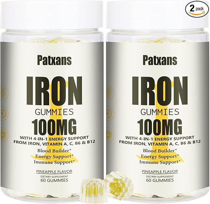 2 Packs 100MG Iron Supplement Gummies for Women & Men - with Vitamin A, C, B - Energy Support for Iron Deficiency, Anemia, Adults & Children, Pineapple Flavor Gummy, 120ct
