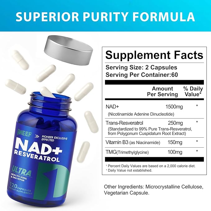 NAD+ Supplement 2000 mg - 120 Capsules, True NAD+ & Resveratrol, NMN Supplement Alternative for Cellular Energy & Repair, Anti-Aging & Antioxidant Support