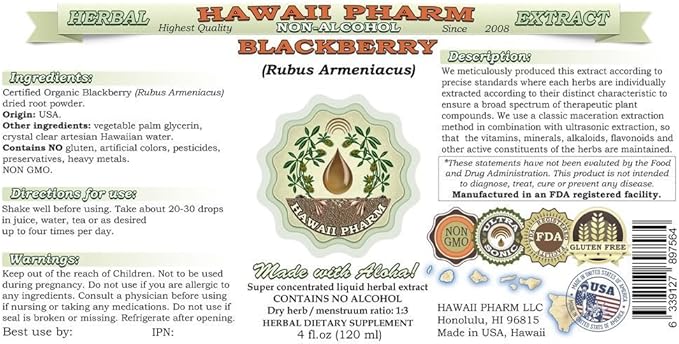 BlackBerry Alcohol-Free Liquid Extract, BlackBerry (Rubus Armeniacus) Root Glycerite Hawaii Pharm Natural Herbal Supplement 2x4 oz