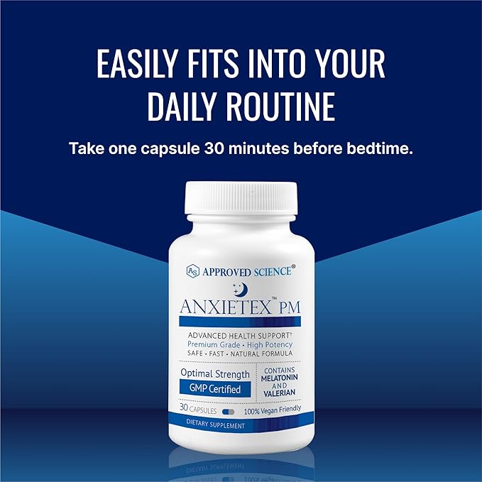 Approved Science Anxietex Night - Ease Worry and Discontent, Sleep Well - Valerian, Passion Flower, Chamomile - 30 Capsules - Vegan Supplement - Made in The USA