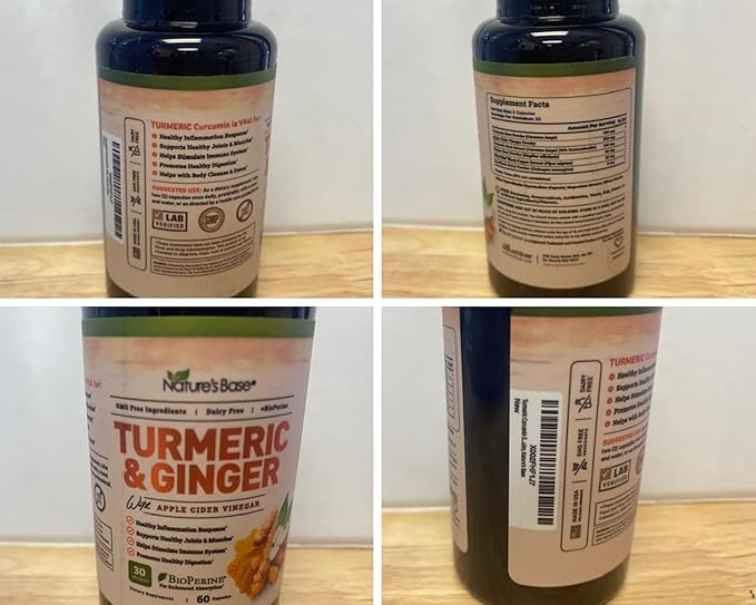 Nature's Base Turmeric and Ginger Supplement - with Curcumin, Apple Cider Vinegar & BioPerine Black Pepper Extract - 95% Curcuminoids - 60 Capsules