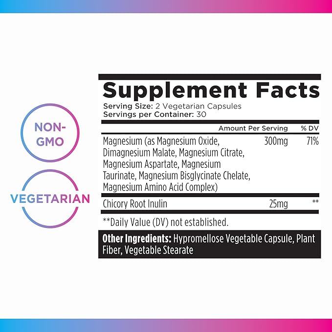 Livingood Daily Magnesium Supplement with Magnesium Glycinate, Citrate, Malate, Oxide, Aspartate, Amino Acid Complex and Chicory Root for Heart Health, Sleep and Muscle Support, 300mg, 60 Capsules