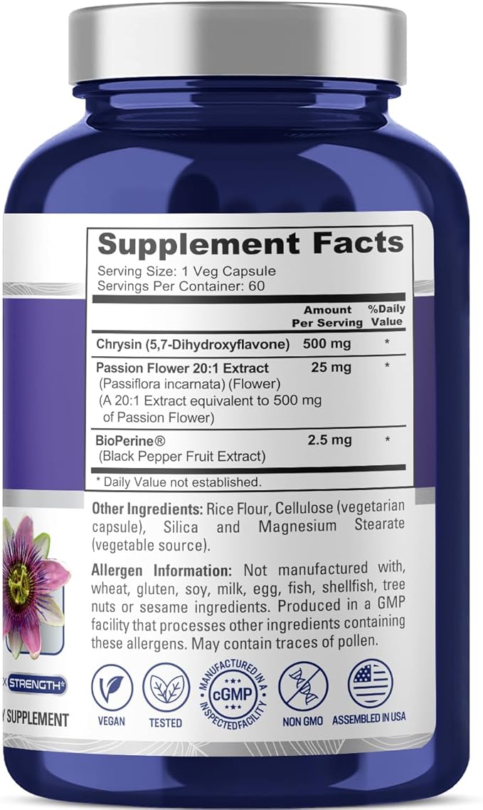 NusaPure Chrysin 500mg, 60 Veggie Capsules | Passion Flower Complex 500mg Supplement | 5, 7-Dihydroxyflavone | Concentrated Extract | Non-GMO, BioPerine
