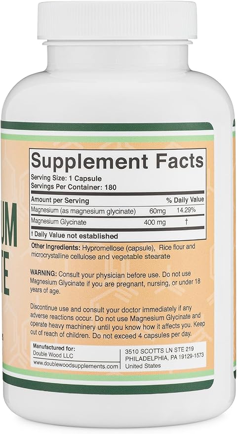 Magnesium Glycinate 400mg, 180 Capsules - for Sleep, Muscle, & Heart Support - (Vegan, Third Party Tested, Gluten Free, Non-GMO) by Double Wood Supplements