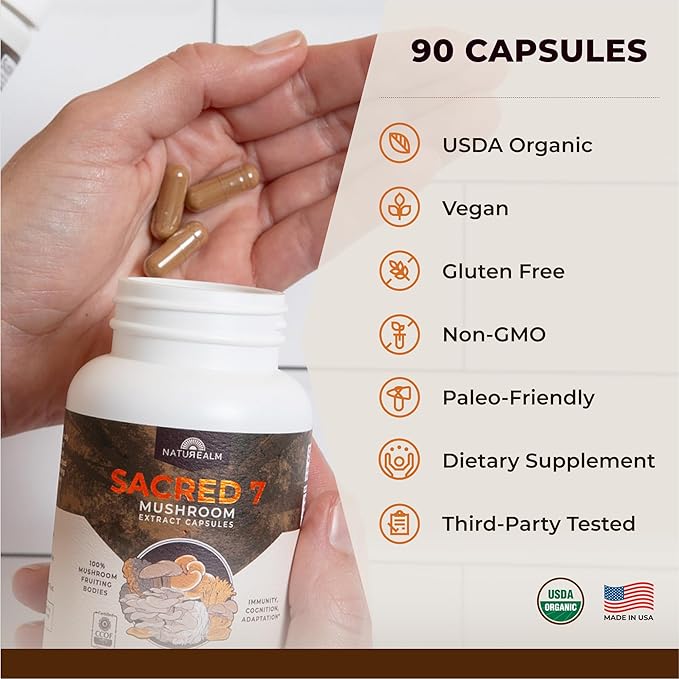 Naturealm Sacred 7 Organic Mushroom Extract Capsules - Premium 7 Mushroom Supplement with Lions Mane, Reishi, Chaga - USDA Organic Immune Support & Focus - 90 Vegetarian Capsules