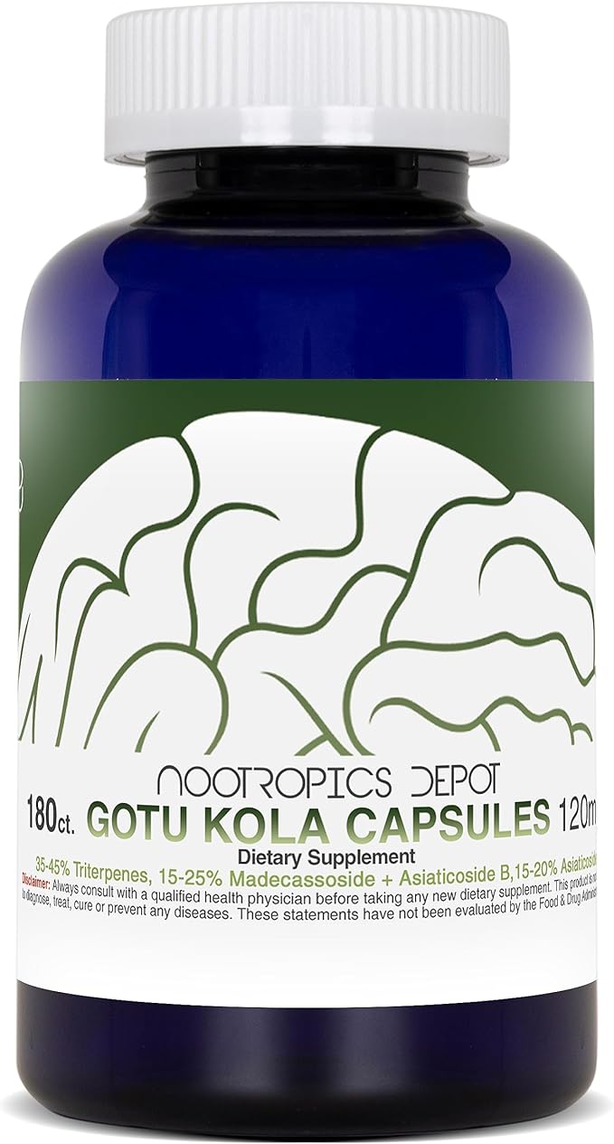 Nootropics Depot Gotu Kola Extract Capsules | 120mg | 180 Count | Acid Resistant | Centella asiatica | 35-45% Triterpenes | Supports Healthy Stress Levels | Promotes Memory Enhancement