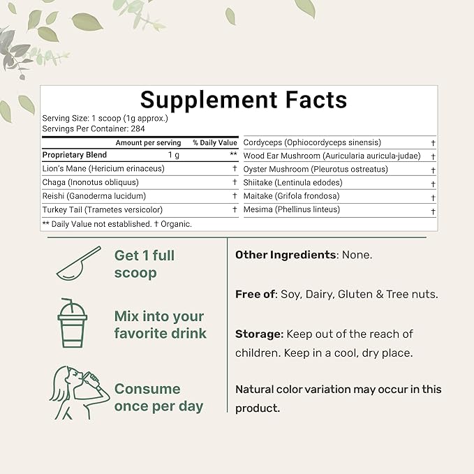 Micro Ingredients Organic Mega Mushroom Powder,10 Ounce (284 Days Supply) | 10 in 1 Complex Formula for Immune System Booster | Chaga, Lions Mane, Cordyceps, Reishi & More | Filler Free, Vegan
