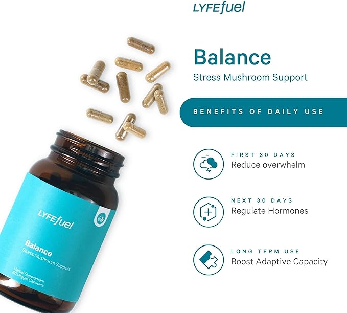 LyfeFuel Adaptogen Blend for Stress Relief - Whole Food Mushroom Supplement & Organic Herb Complex to Manage Cortisol | Lion’s Mane, TurkeyTail, Reishi, Ashwagandha | 60 Vegan Capsules