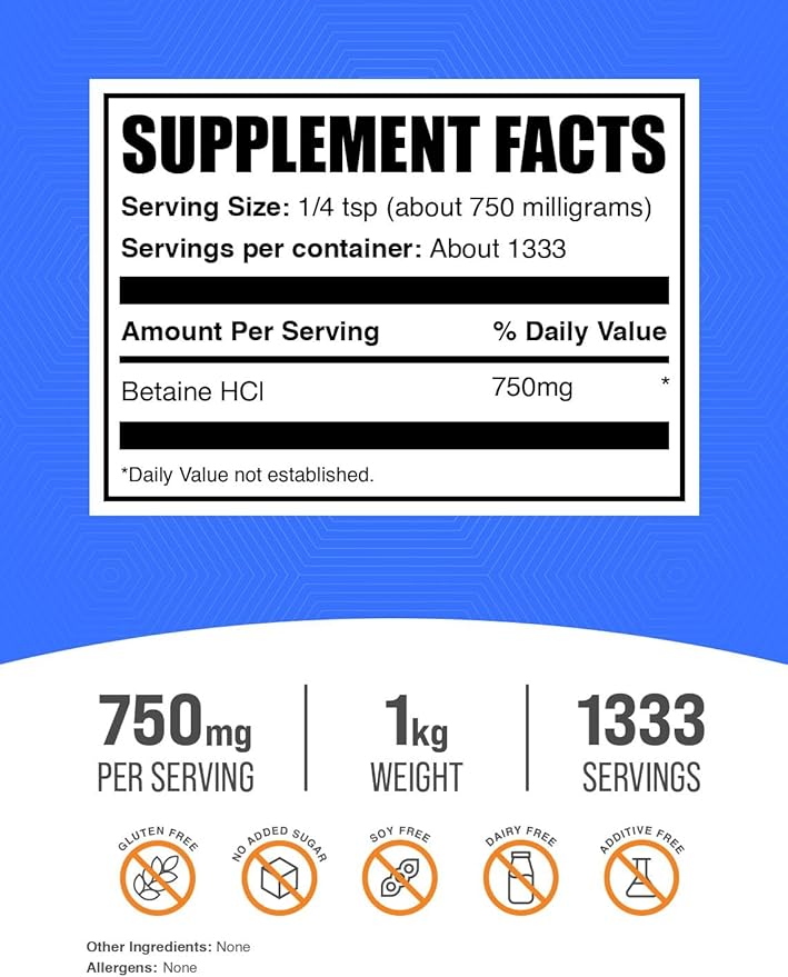 BulkSupplements.com Betaine HCl Powder - Betaine Hydrochloride Supplement, Digestive Support - Gluten Free, 750mg per Serving, 1kg (2.2 lbs) (Pack of 1)