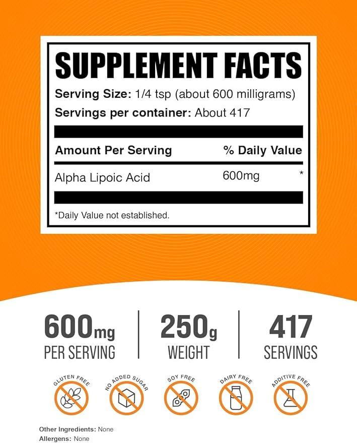 BulkSupplements.com Alpha Lipoic Acid Powder - ALA Supplement, Antioxidant Supplement - Gluten Free, 600mg per Serving, 250g (8.8 oz) (Pack of 1)