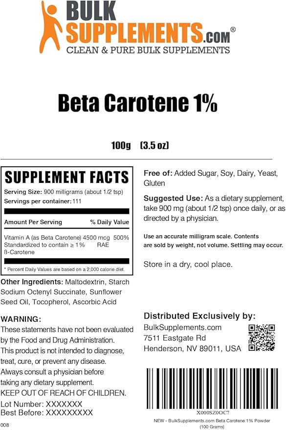 BulkSupplements.com Beta Carotene Powder - Vitamin A Supplements, Beta Carotene Supplements - for Vision & Eye Support, Gluten Free, 900mg per Serving, 100g (3.5 oz) (Pack of 1)