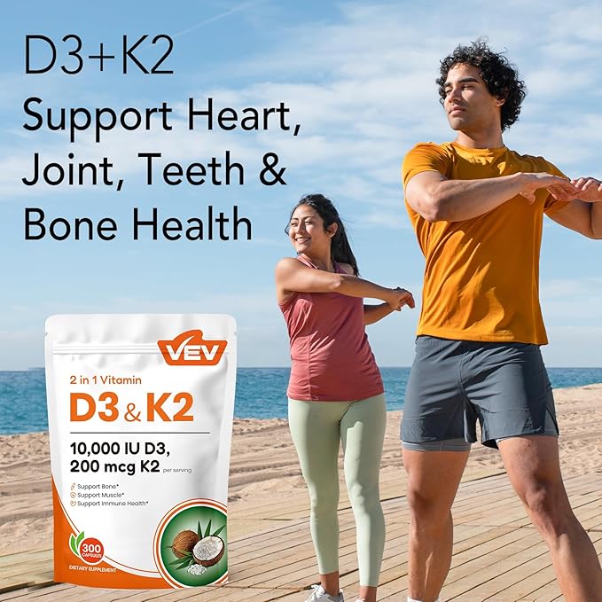 VEV Vitamin D3 K2, 10,000 IU D3, 200mcg K2 (with MK7) Corefeel, Supports Bone and Teeth Health, Dual Nutrient Support for Daily Wellness, Easy to Swallow – 300 Capsules