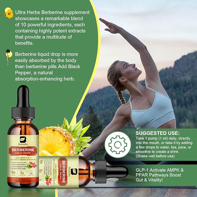 Berberine Supplement with Ceylon Cinnamon - Berberine Liquid Drops with Turmeric Curcumin, Ceylon Cinnamon, Bitter Melon, Berberine Phytosome for Digestion System, Immune Health Support -Vegetarian