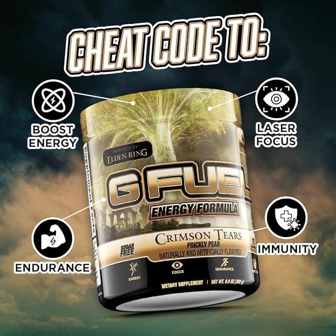 G Fuel Elden Ring Crimson Tears Energy Drink Powder, Pre Workout Caffeine Mix for Gaming, Sugar Free Focus Amino, Vitamin + Antioxidants, 9.9oz (Prickly Pear, 40 Servings)