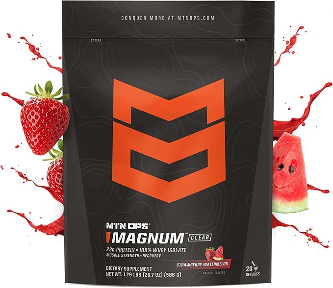 MTN OPS Magnum Clear Protein Powder – 23g 100% Whey Protein Isolate per Serving, Low Carb (<1g), Quick-Digesting, Gluten-Free, Low Lactose, Refreshing Strawberry Watermelon, 20 Servings