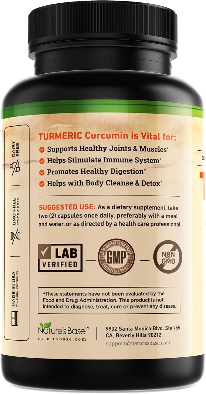 Nature's Base Turmeric and Ginger Supplement - with Curcumin, Apple Cider Vinegar & BioPerine Black Pepper Extract - 95% Curcuminoids - 240 Capsules