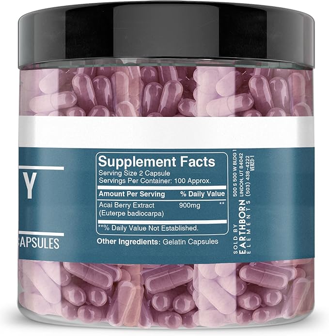 Earthborn Elements Acai Berry Extract 200 Capsules, Pure & Undiluted, No Additives